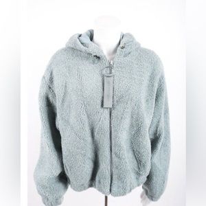 🌟Bershka Girls Teddy Coat Jacket L Blue Hooded Zip Faux Shearling NWT